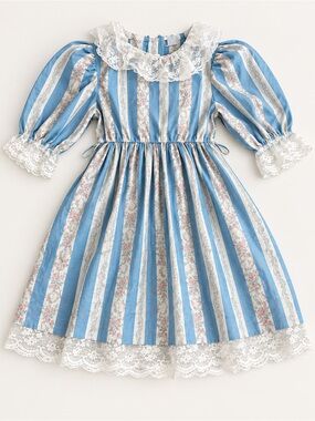 Vintage Nannette Girls Blue Floral Striped Lace Dress Size 6X